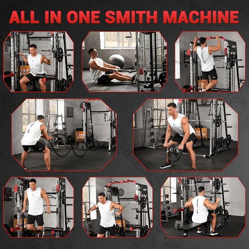 Smith Machine Home Gym All in One Squat Rack Power Cage with LAT Pull-Down and Cable Systems X5458