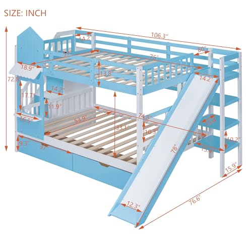 Twin Over Twin Bunk Bed with Stairs and Slide, Solid Wood Frame with Storage Y2445