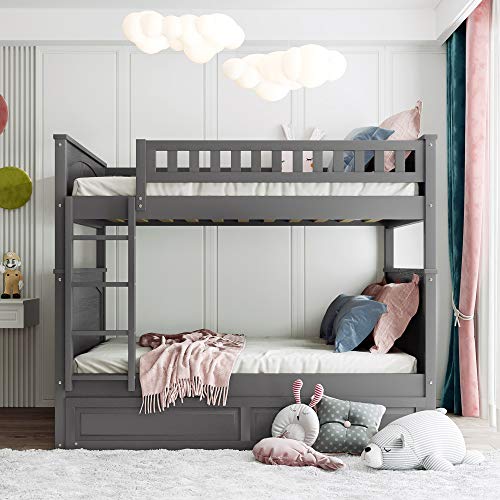 Twin Over Full Bunk Bed with Slide and Stairs for Kids E212