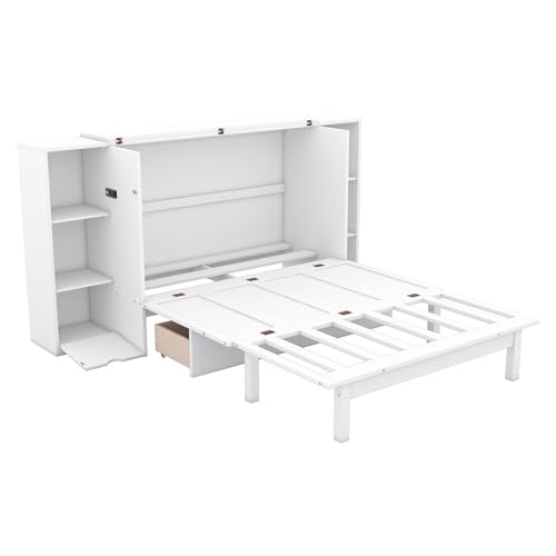 Murphy Bed Chest with Shelves, Foldable Wood Platform Bed Frame I45495