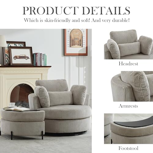 Oversized Swivel Barrel Chair with Ottoman, Chenille, Beige X252712