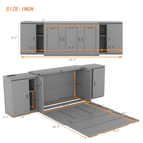 Murphy Bed Chest with Shelves, Foldable Wood Platform Bed Frame I45495