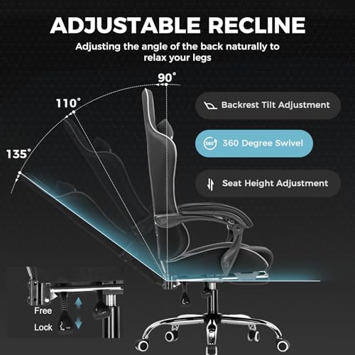 Gaming Chair with Footrest and Lumbar Support, Height Adjustable, 360° Swivel, Blue U7447