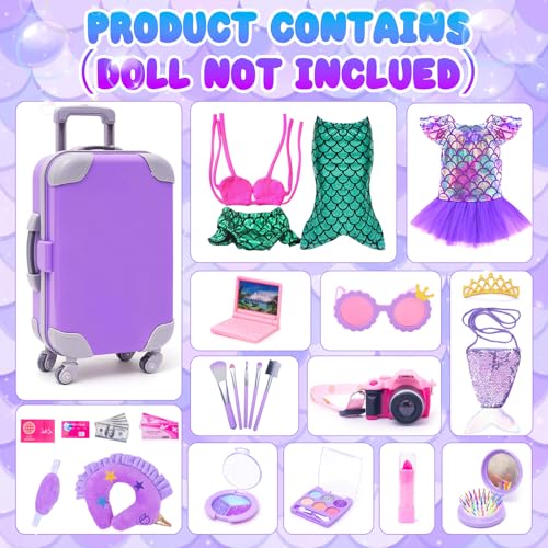 18 Inch Doll Travel Set with Suitcase, Dress, Camera, Phone, Neck Pillow & Sunglasses M666