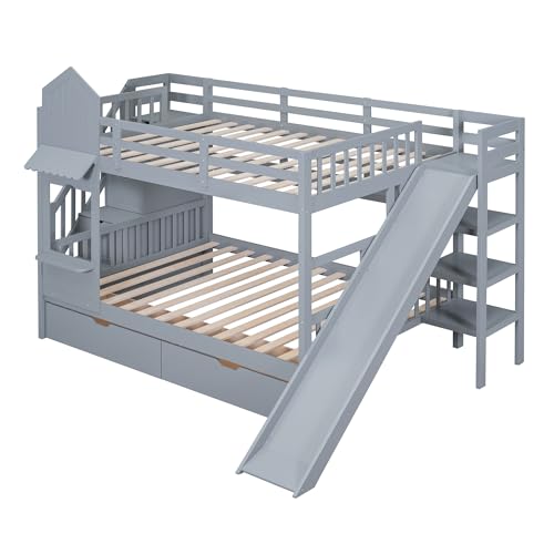 Twin Over Twin Bunk Bed with Stairs and Slide, Solid Wood Frame with Storage Y2445