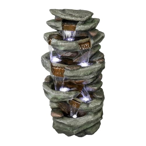 40" High 6-Tier Cascading Rock Outdoor Water Fountain with LED Lights for Garden Patio Yard Decor P631596
