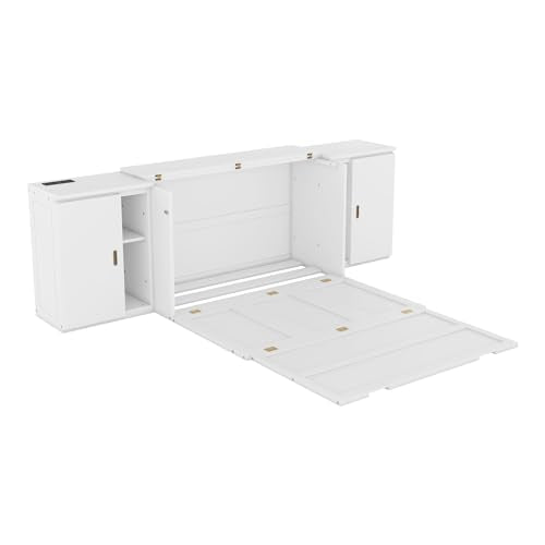 Murphy Bed Chest with Shelves, Foldable Wood Platform Bed Frame I45495