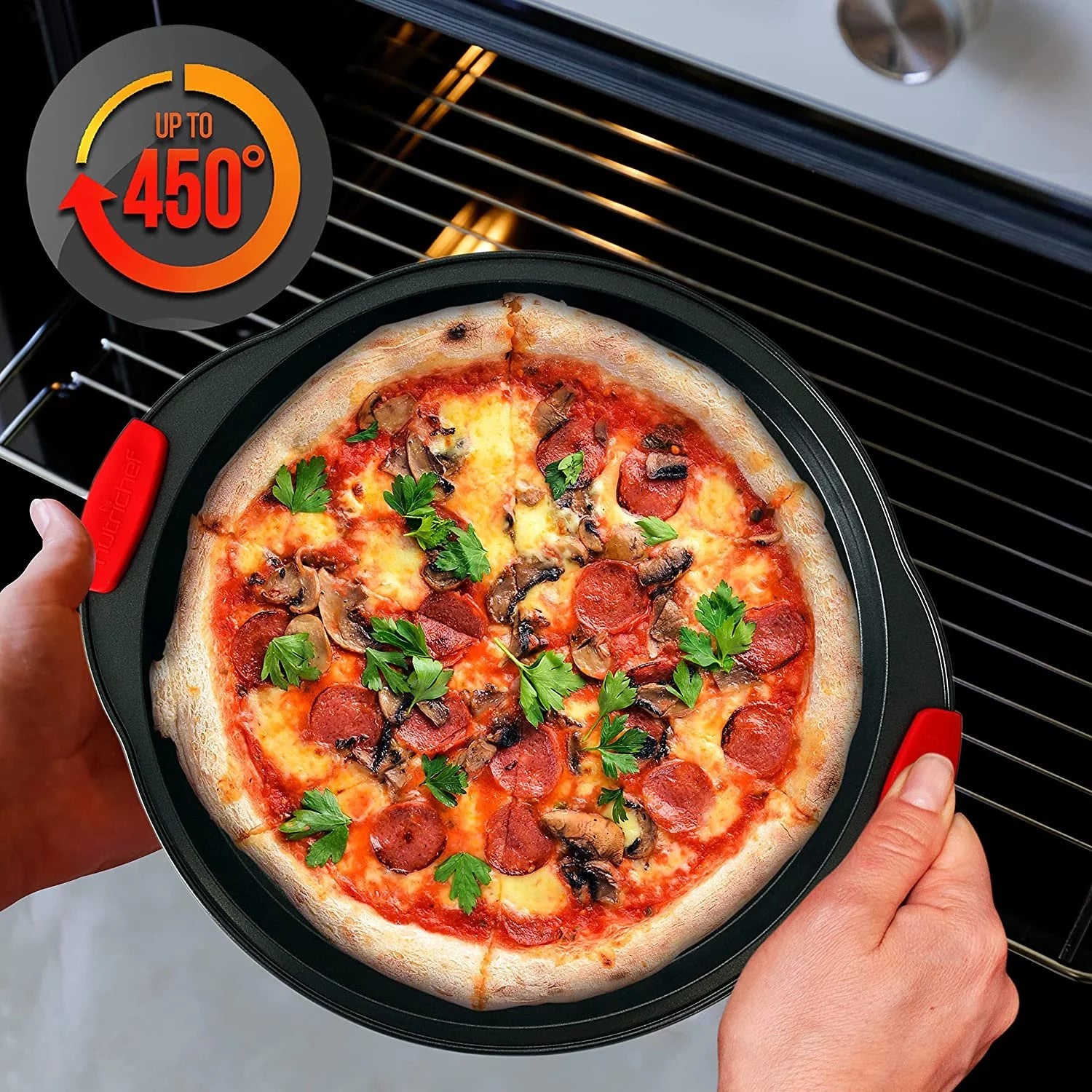 Non-Stick Round Pizza Pan with Perforated Holes and Silicone Handle O511207