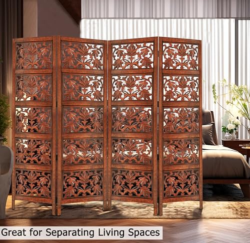 4 Panel Folding Wood Room Divider, Antique Brown, 72 x 80 L396608
