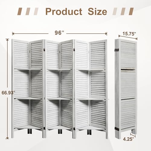 6 Panel Wooden Room Divider with Shelves B102027