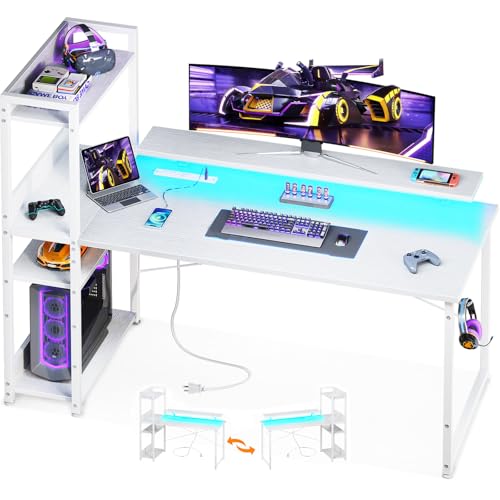 Reversible Gaming Desk with USB Charging Port and LED Lights, 40 Inch Computer Desk with Storage Shelves C134