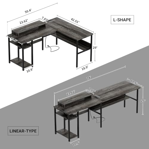Reversible L Shaped Desk with Power Outlets and LED Light, Corner Computer Desk with Monitor Stand and Storage Shelves, Black D613