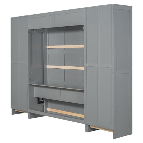 Murphy Bed Queen Size with Built-in Shelves, Storage Drawers and Wardrobe, Grey R789846