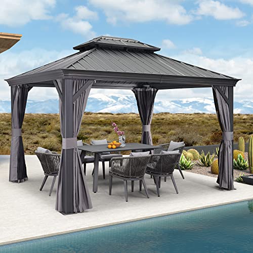 10' x 14' Permanent Hardtop Gazebo with Galvanized Steel Double Roof, Curtains and Netting Included M96664
