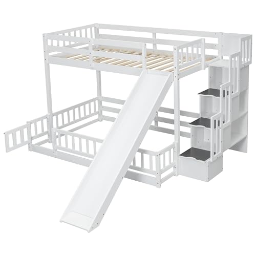 Twin Over Full Bunk Bed with Slide and Storage Stairs F8078