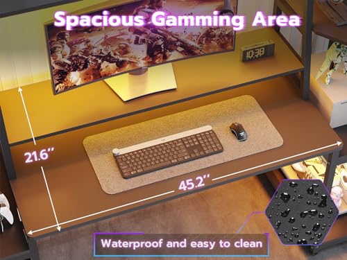 Gaming Desk with LED Lights, Hutch and Storage Shelves, Black R364