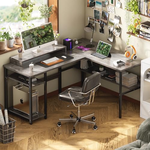 Reversible L Shaped Desk with Power Outlets and LED Light, Corner Computer Desk with Monitor Stand and Storage Shelves, Black D613