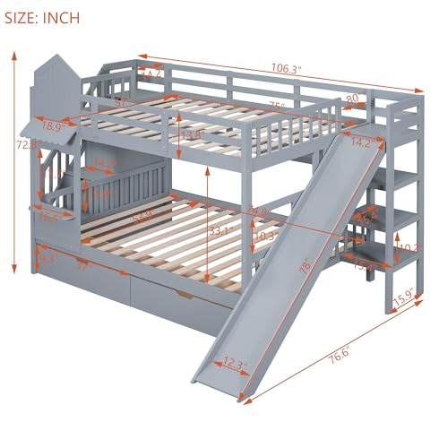 Kids Bunk Bed with Stairs and Slide, Twin Over Twin, Gray E77813