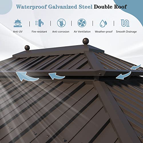 12x16 ft Hardtop Gazebo with Galvanized Steel Roof, Curtains and Netting V821