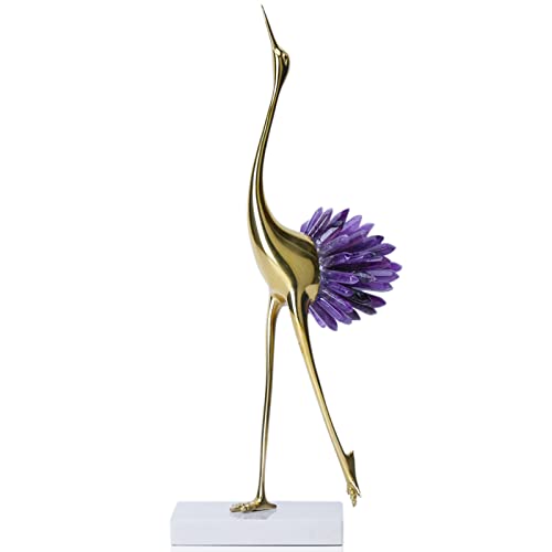 suruim Elegant Gold Crane Bird Statues with Crystal Tail Accents, Decorative Brass Figurines for Home Decor (Pink-C)