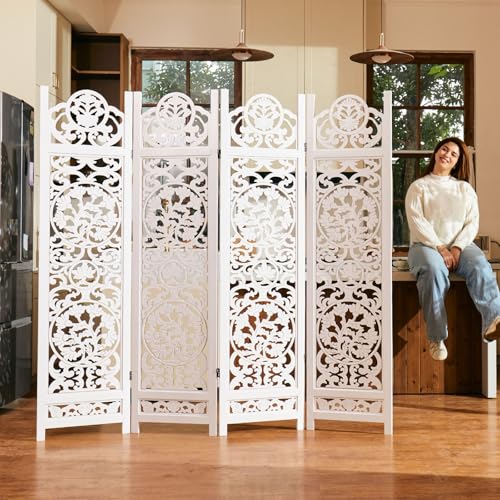Wood Carved Room Divider 4 Panel Folding Screen Z937290