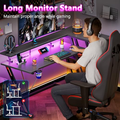 L Shaped Gaming Desk with Power Outlet and LED Lights T64283