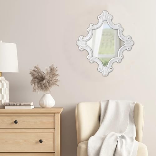 Distressed White Carved Wood Wall Mirror, 21x24 Inch, Farmhouse Style Y98281