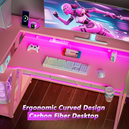 L Shaped Gaming Desk with Power Outlet and LED Lights T64283