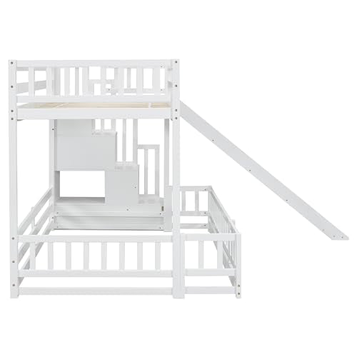 Twin Over Full Bunk Bed with Slide and Storage Stairs F8078