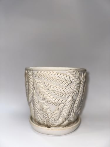 White 7 Inch Indoor Ceramic Planter Pot with Attached Saucer and Drainage Hole W1545