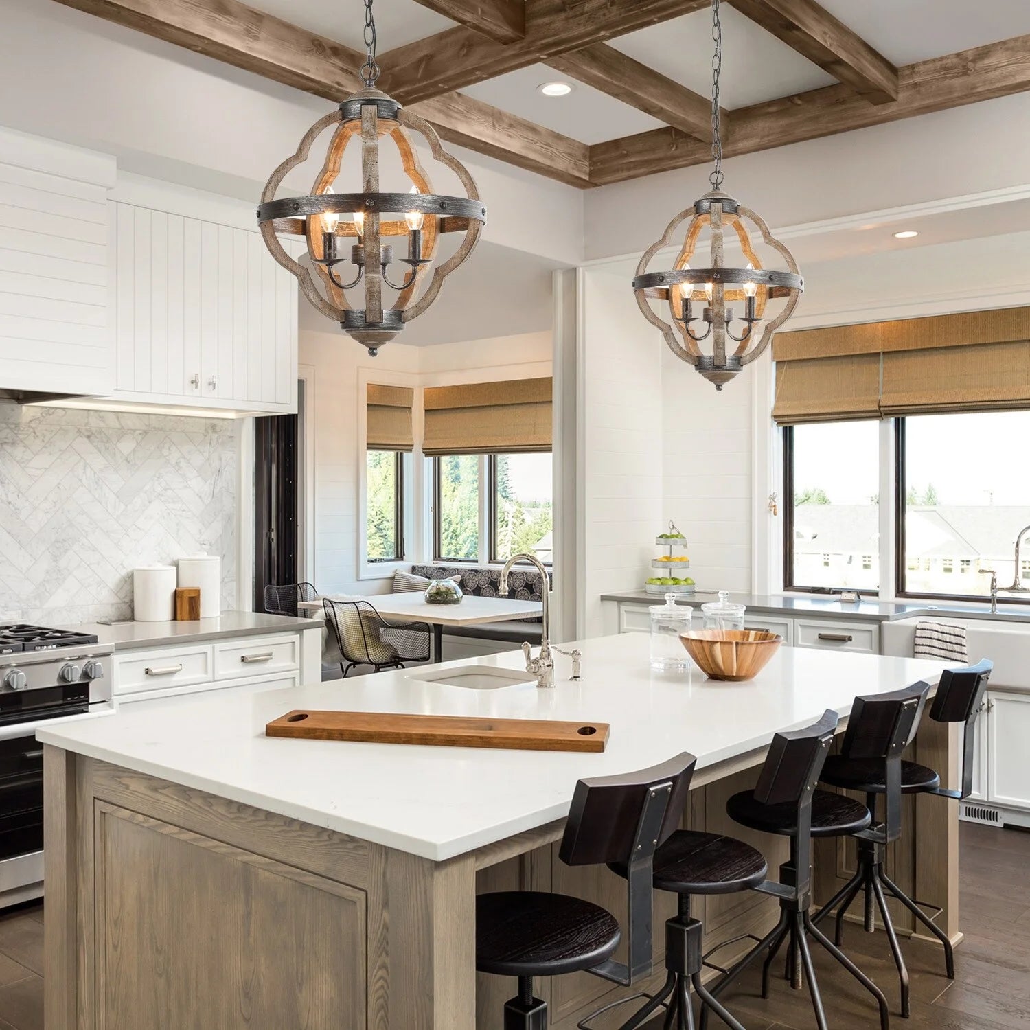 Farmhouse 3-Light Wood Lantern Chandelier for Kitchen Island Dining Room V307352
