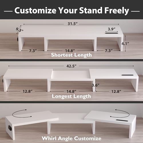 Dual Monitor Stand Riser with Smartphone Holder, Adjustable Wooden Desktop Organizer P70793
