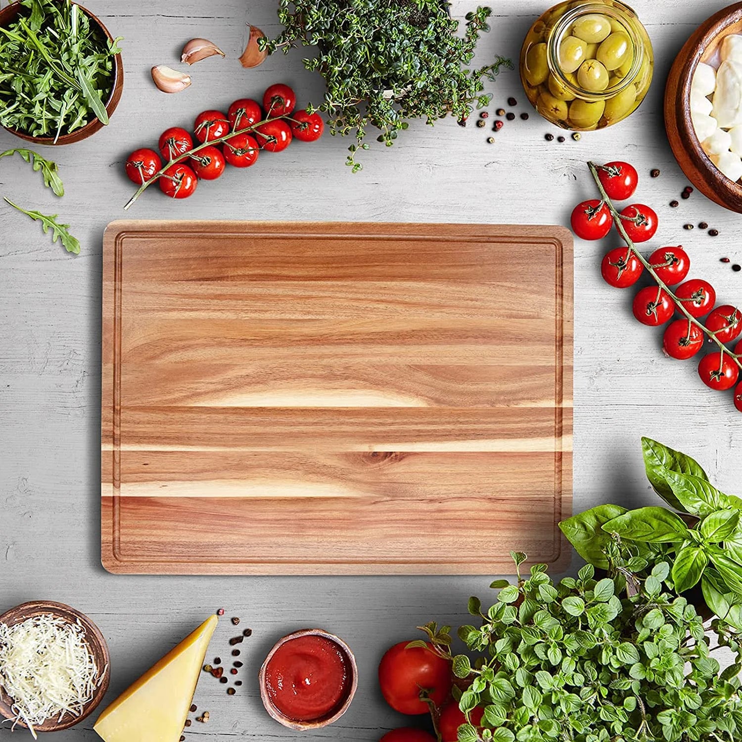 Acacia Wood Cutting Board with Juice Groove, Extra Large Butcher Block for Kitchen D236377