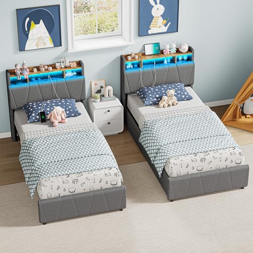 Twin Bed Frame with 2 Storage Drawers, Charging Station & LED Lights, Upholstered Platform Bed, Beige Q69205