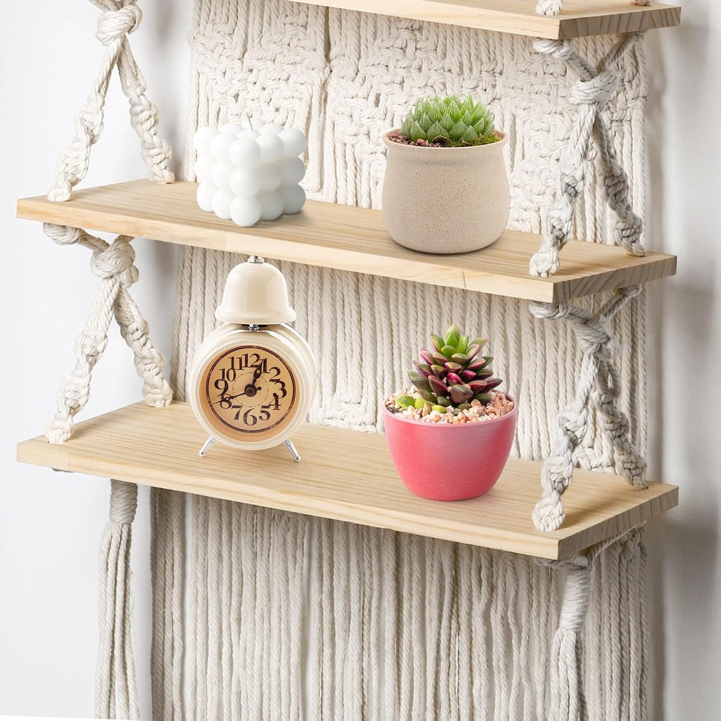 Macrame Wall Hanging Shelf with Wood Plant Rope Storage T29835