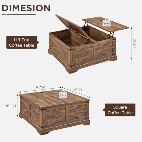 Farmhouse Lift Top Coffee Table with Storage, 36" Wood Square Center Table G51641