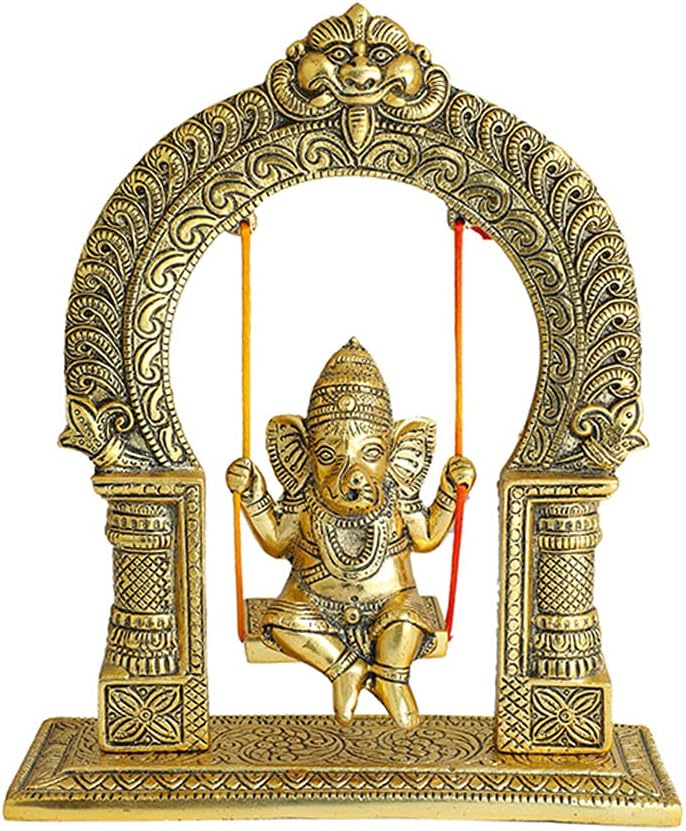 Ganesh Swing/ Metal Ganesha Sitting jhula and Decorative Statue/Ganesh Jhula Jhoola/ God Ganpati Idol on Swing for Temple Pooja Office Religious Showpiece/Indian Traditional Home Decor(Size:-8''X12'')