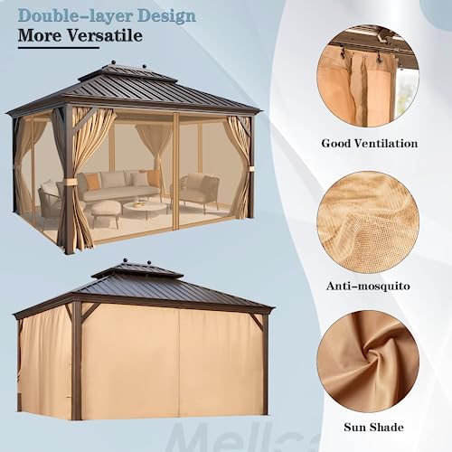 12x16 ft Hardtop Gazebo with Galvanized Steel Roof, Curtains and Netting V821
