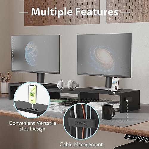 Dual Monitor Stand Riser with Smartphone Holder, Adjustable Wooden Desktop Organizer P70793