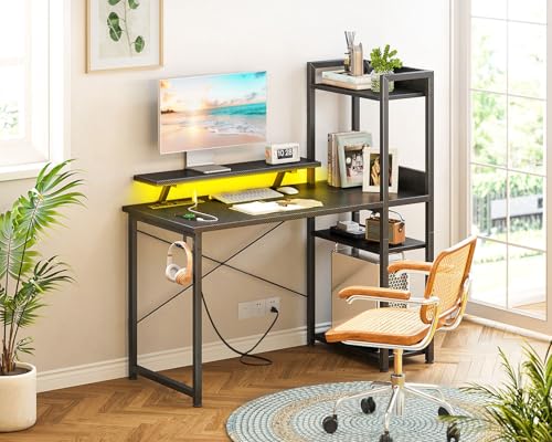 Reversible Gaming Desk with USB Charging Port and LED Lights, 40 Inch Computer Desk with Storage Shelves C134