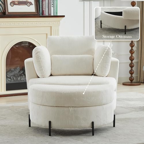 Oversized Swivel Barrel Chair with Ottoman, Chenille, Beige X252712