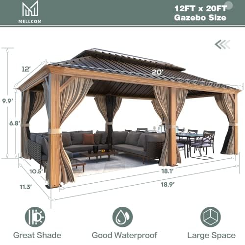 12x16 ft Hardtop Gazebo with Galvanized Steel Roof, Curtains and Netting V821