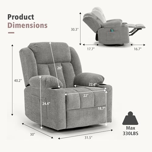 Swivel Recliner Chair for Adults with Massage and Heat, Fabric, Lime Gray B7507