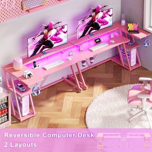 L Shaped Gaming Desk with Power Outlet and LED Lights T64283