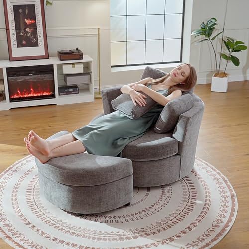 Swivel Barrel Chair with Ottoman for Living Room Bedroom, White W553228