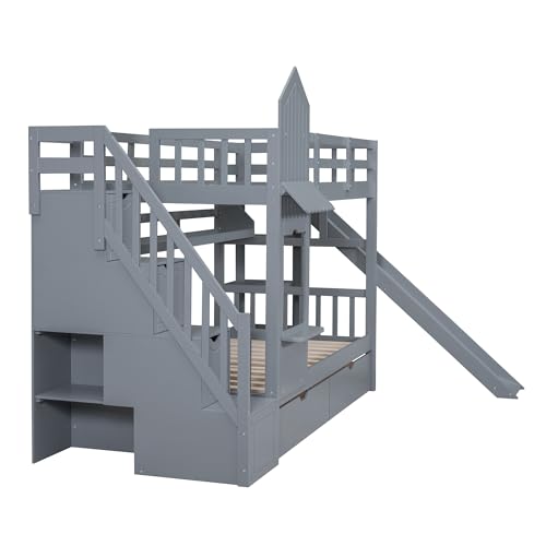 Twin Over Twin Bunk Bed with Stairs and Slide, Solid Wood Frame with Storage Y2445