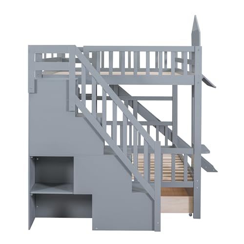 Twin Over Twin Bunk Bed with Stairs and Slide, Solid Wood Frame with Storage Y2445