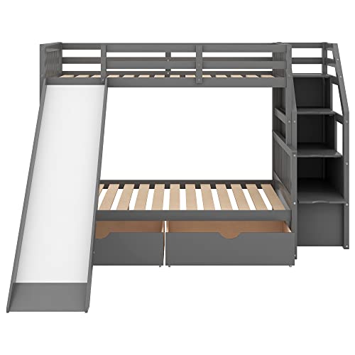 Twin Over Full Bunk Bed with Slide and Stairs for Kids E212