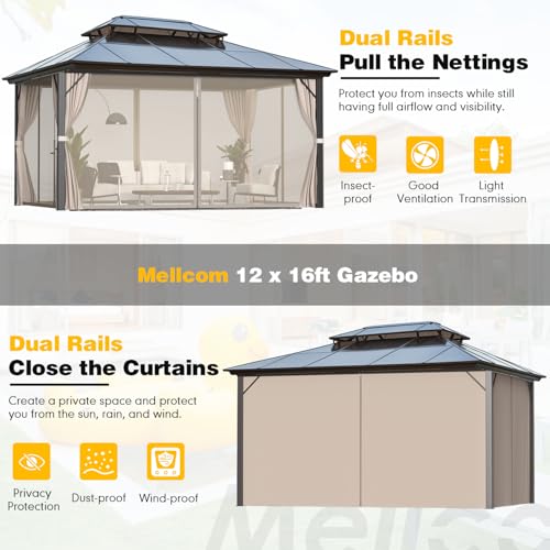 10'x13' Hardtop Gazebo with Polycarbonate Double Roof, Aluminum Frame, Curtains and Netting N263