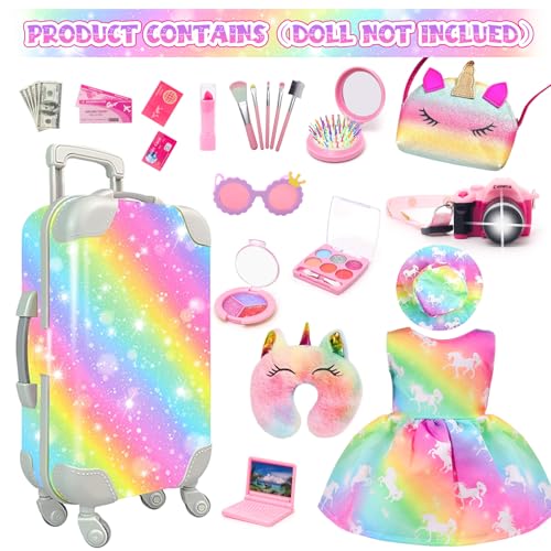 18 Inch Doll Travel Set with Suitcase, Dress, Camera, Phone, Neck Pillow & Sunglasses M666